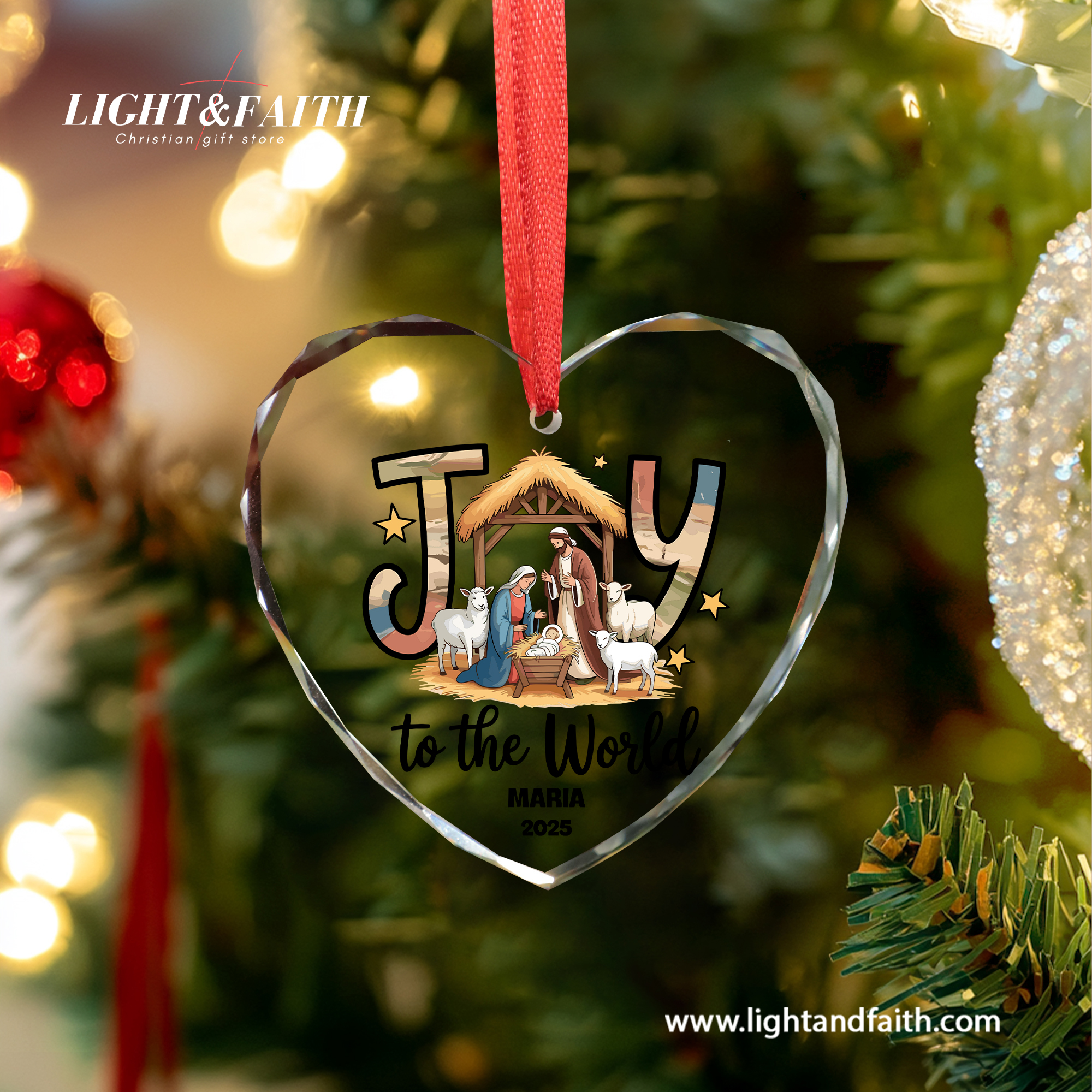 Joy to the World Heart Ornament 2025, Personalized Nativity Scene Ornament, Holy Family Christmas Decor, Christian Faith Gift, Religious Glass Decoration DCLAF57